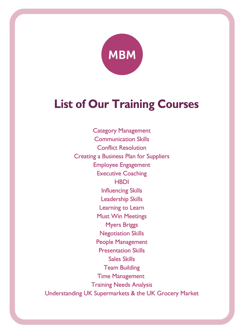 Negotiation coaching card titled List of our Training Courses