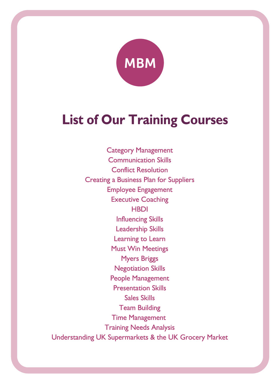 Coaching card titled List of Our Training Courses