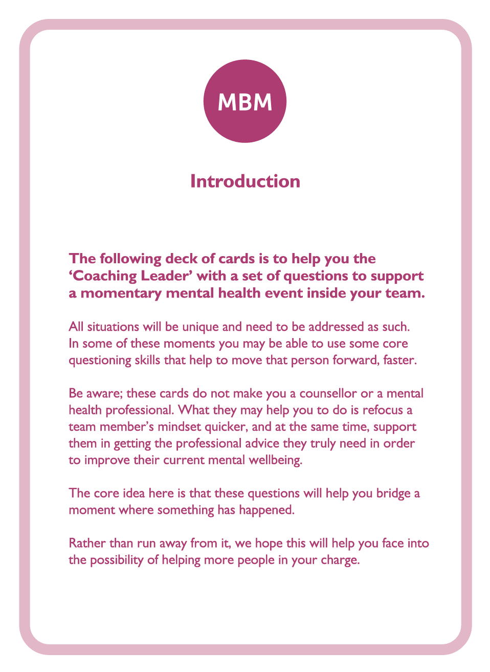 Coaching card with MBM logo and introduction