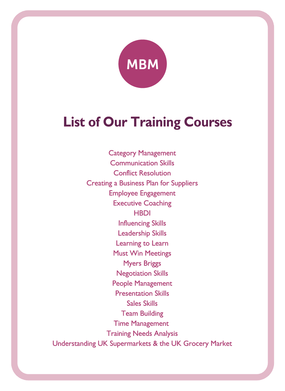 Coaching card titled List of our Training Courses