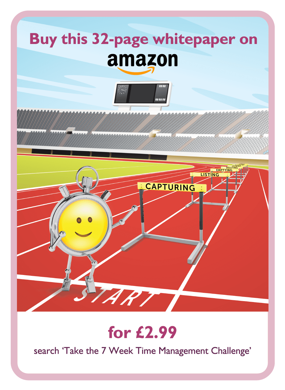 Time management coaching card showing 7 hurdles and a stopwatch