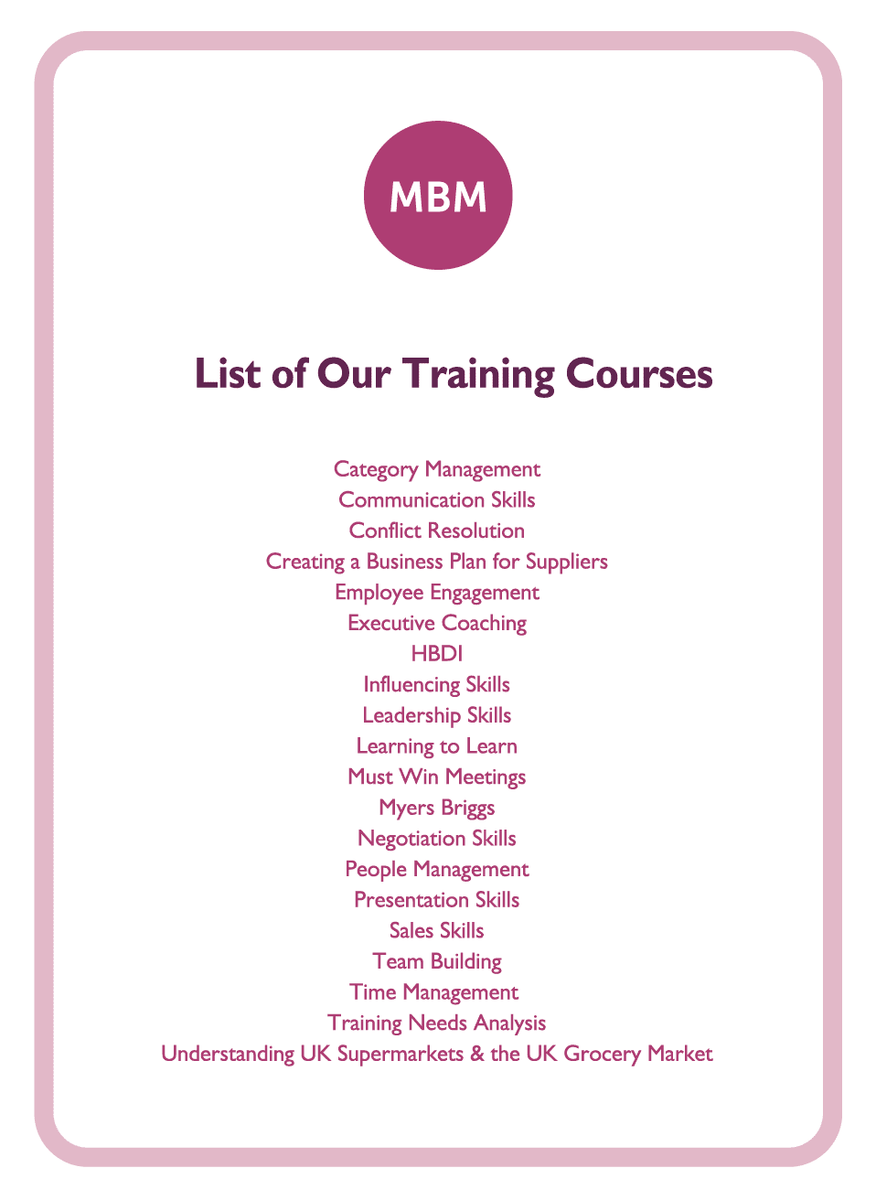 Coaching card titled List of our Training Courses