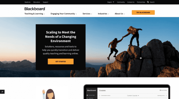Blackboard's website homepage with rock climbers wall paper