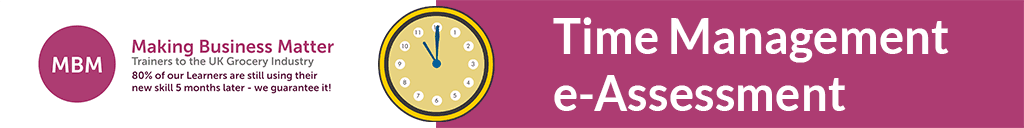 Purple Time Management e-Asessment banner with a clock graphic