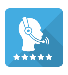 A white head icon with a headset and five stars beneath