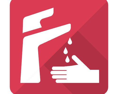 A white washing hands icon on a red background