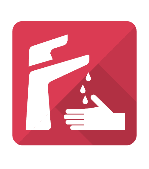 A white washing hands icon on a red background