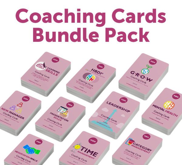 Several packs of coaching cards laid out with Coaching Cards Bundle Pack above