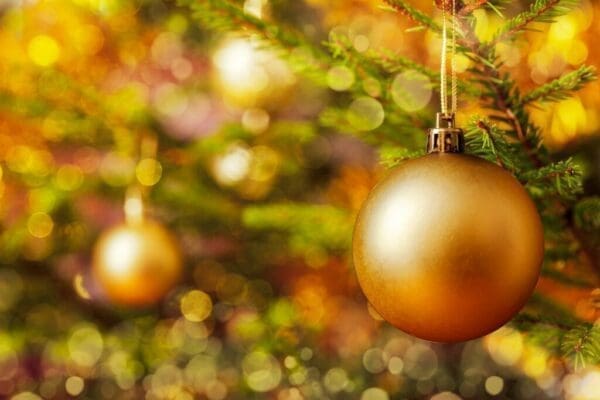 Close up of golden bauble on Christmas tree
