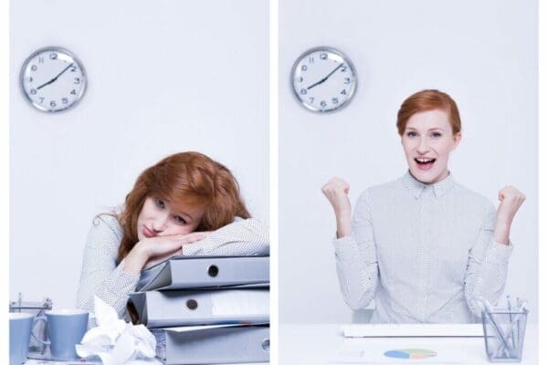 Woman overworked procrastinating on the left and happy productive efficient woman on the right