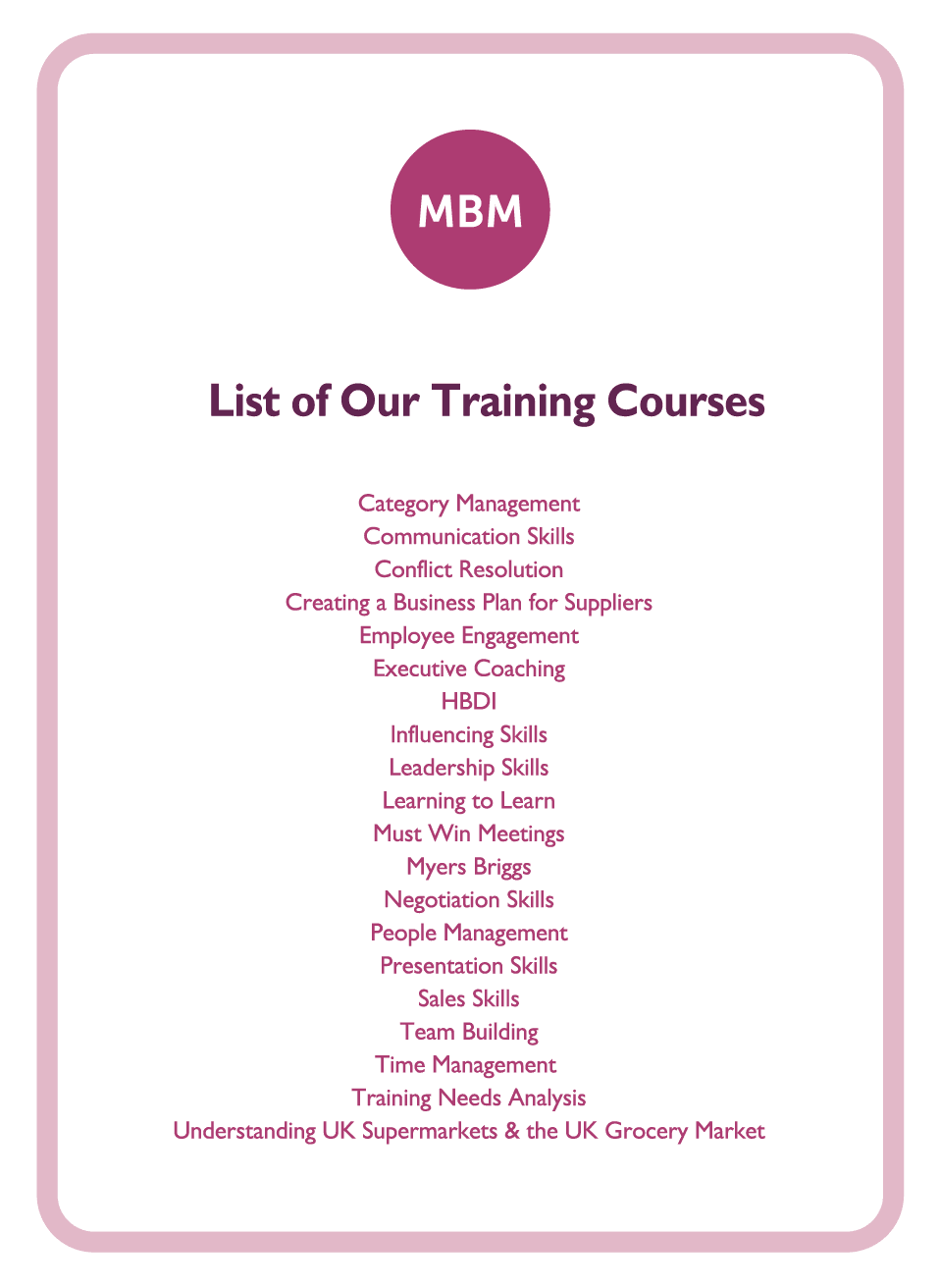Learning to Learn coaching card titled List of our Training Courses