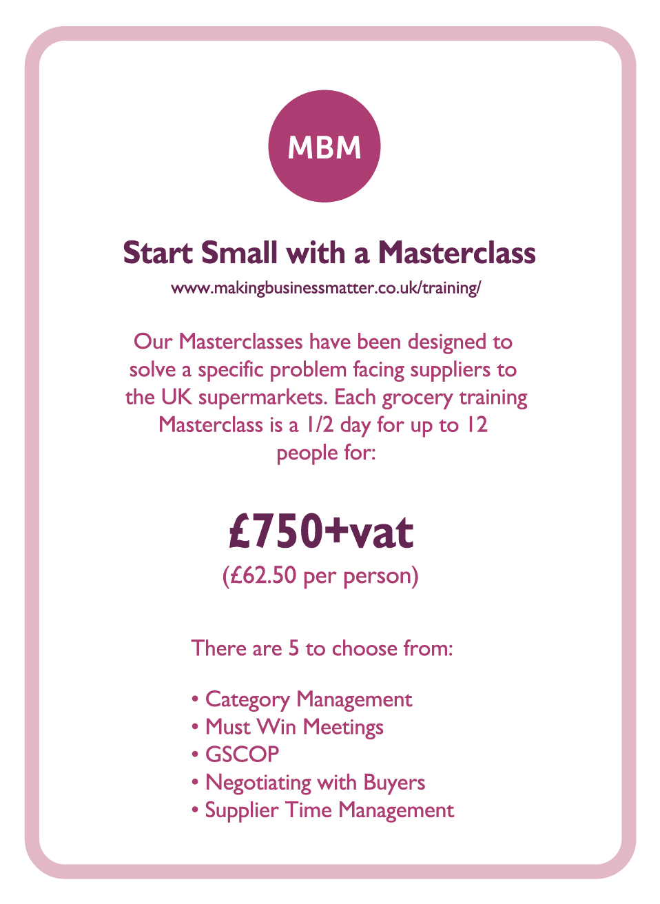 Coaching card titled Start Small with a Masterclass