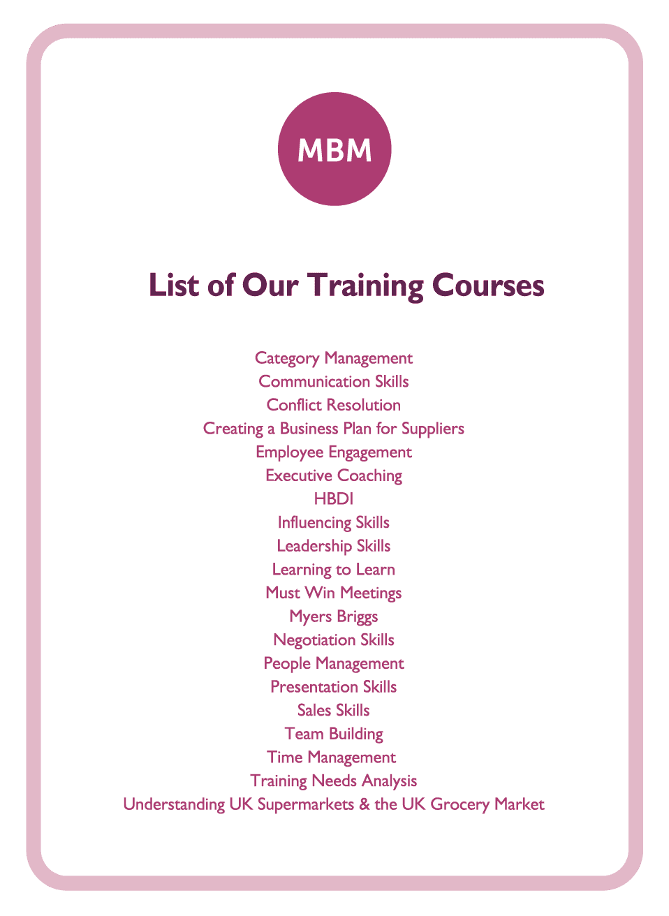 Coaching card titled List of Our Training Courses