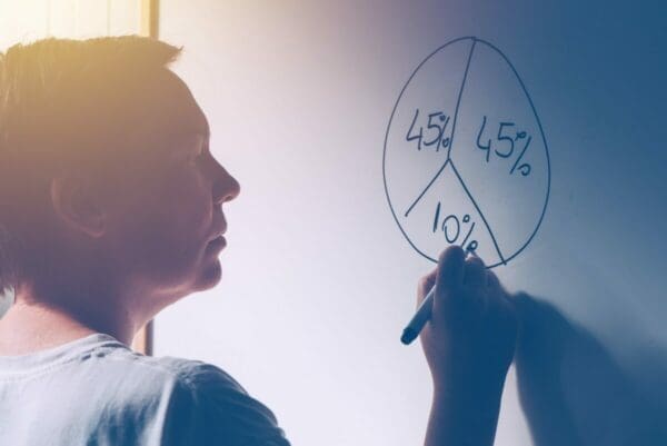 Businesswoman drawing market share pie chart on the office whiteboard