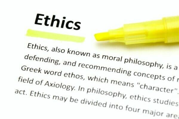 Definition of ethics with yellow highlight underlined