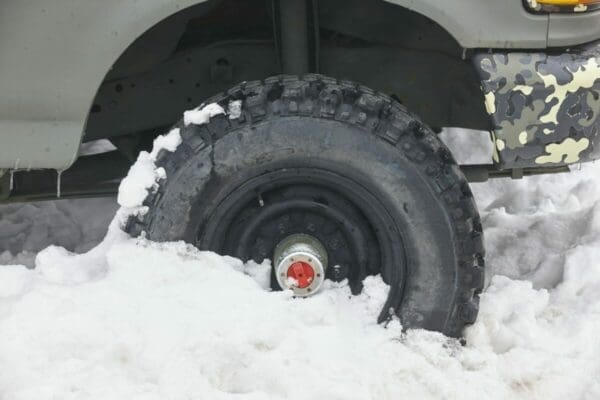 Wheel of a vehicle trapped in the snow