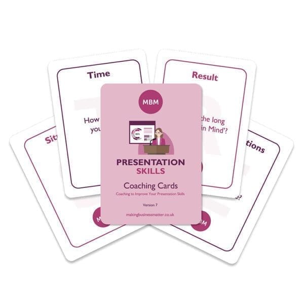 Five presentation skills coaching cards fanned out