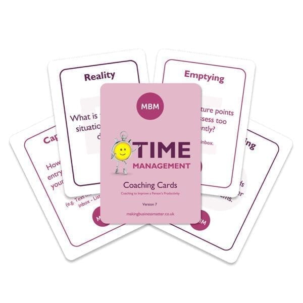 Five time management coaching cards fanned out