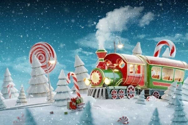 Red cartoon Christmas train driving through a snowy scene