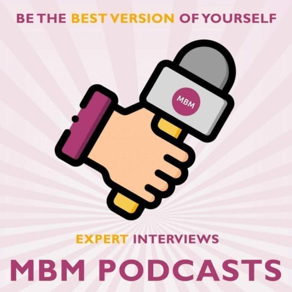 MBM podcast poster with cartoon hand holding a microphone