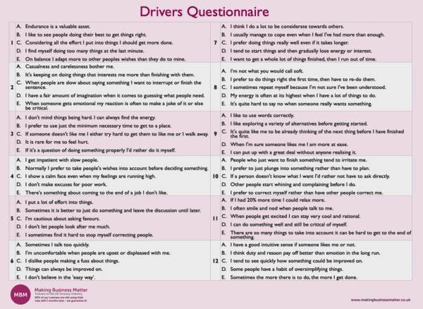 A questionnaire with 12 questions and multiple choice answers titled Drivers Questionnaire