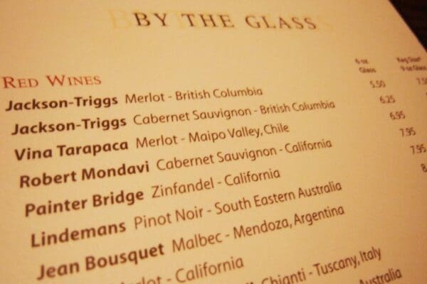 Wine Menu showing Red Wine as the first category option