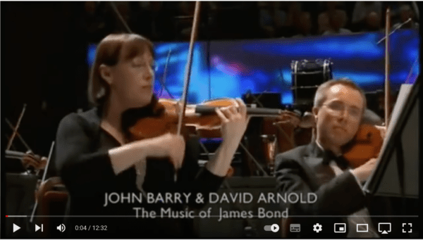 Screenshot of a YouTube video of an orchestra playing the James Bond theme