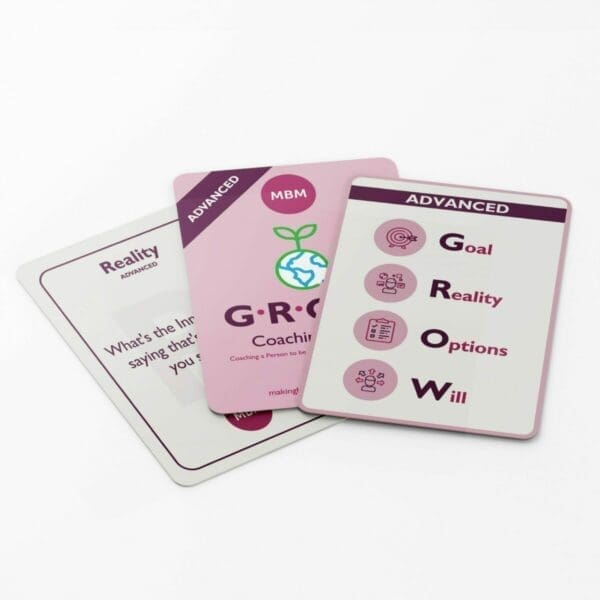 3 advanced grow coaching cards fanned out on white background