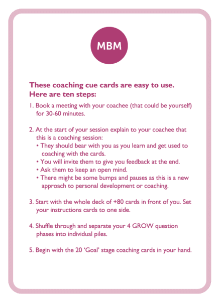 GROW coaching card titled 10 steps