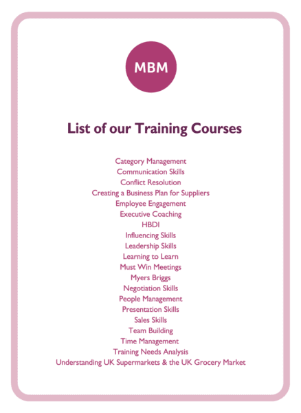 NLP coaching card titled List of Our training courses