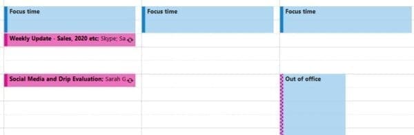 Microsoft Calendar with 'focus time' slots