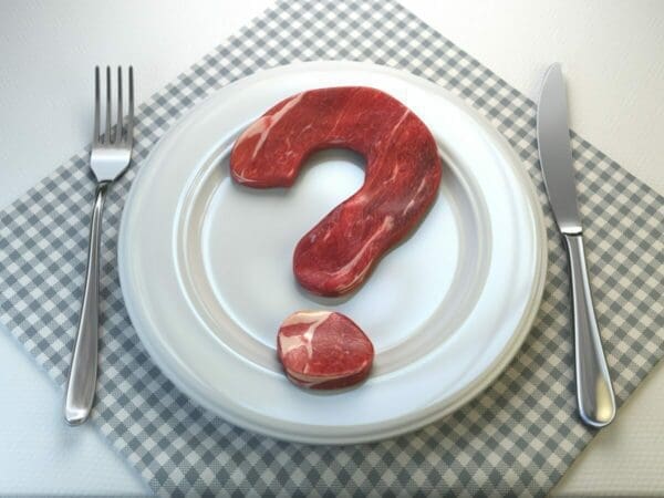 Plate with raw meat in the shape of a question mark next to fork and knife on a plaid napkin