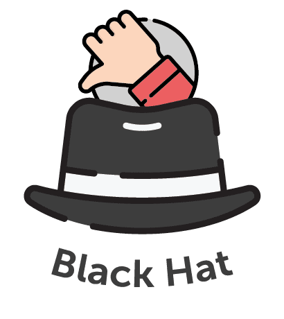 Cartoon black hat with thumbs down from the 6 Thinking Hats for negativity, risks and, consequences 
