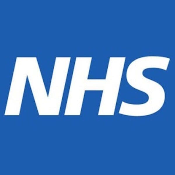 NHS written in white letters on blue background