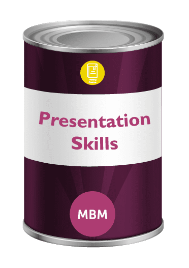 Purple tin with Presentation Skills on label for MBM Presentation skills course