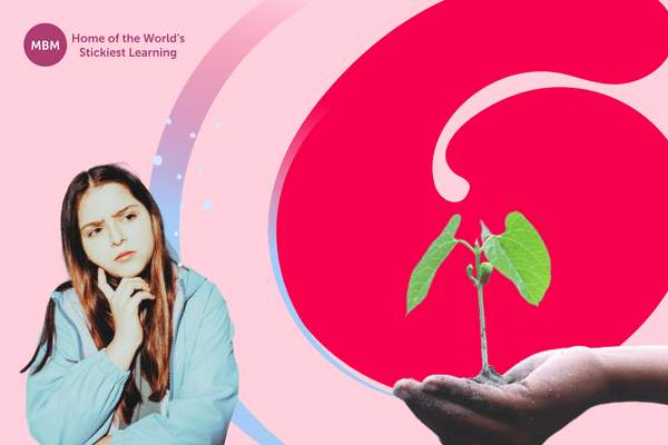 Girl thinking on the grow model next to hand holding a growing plant
