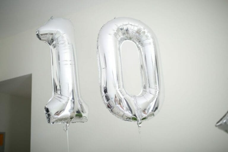 Helium silver balloons of the number 10 