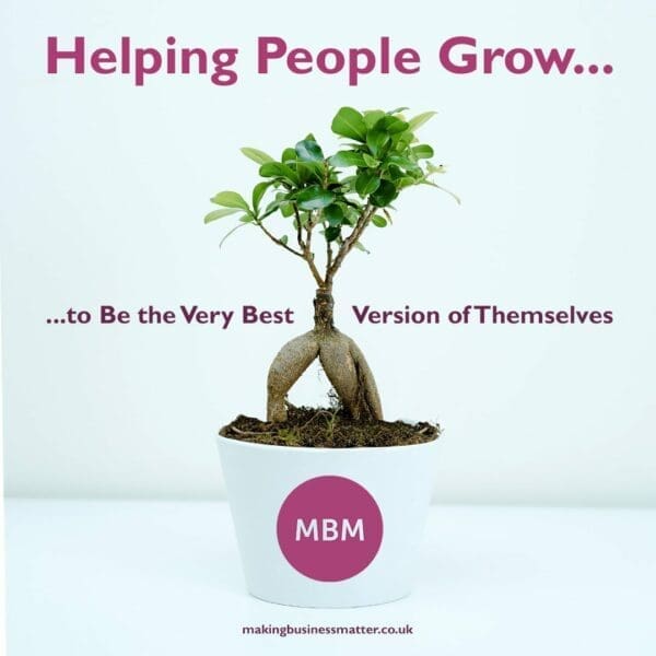 Plant pot with MBM coaching logo and Helping people grow to be the very best version of themselves slogan