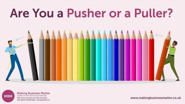 Push pull influencing infographic with two cartoon male characters and pencil crayon spectrum