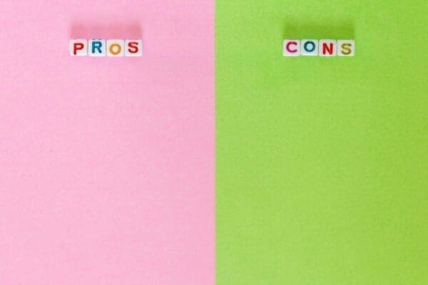 Pink and green columns titled pros and cons