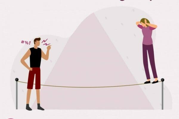 Graphic of woman walking on tightrope with male tormentor at the end