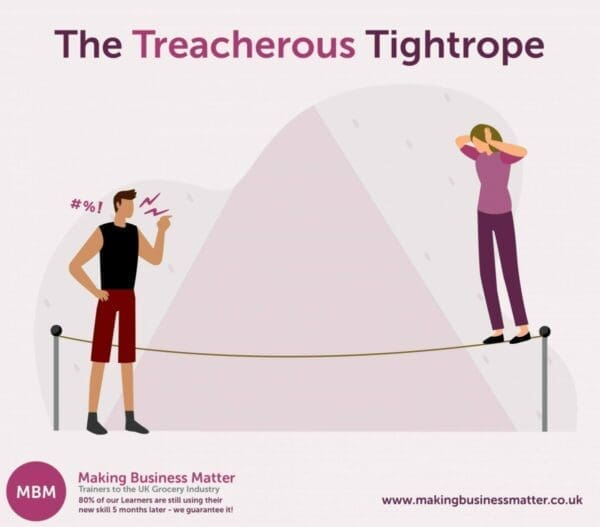 Graphic illustration of person on tightrope with someone at the end showing the The Treacherous Tightrope from MBM