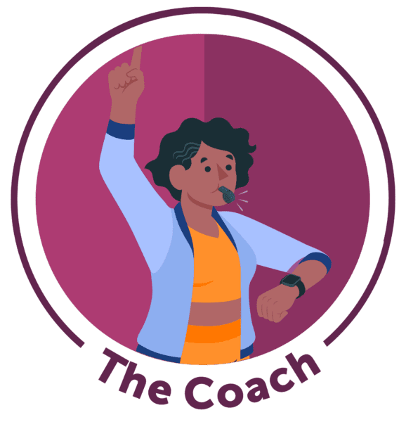 Icon of a woman blowing a whistle labelled The Coach