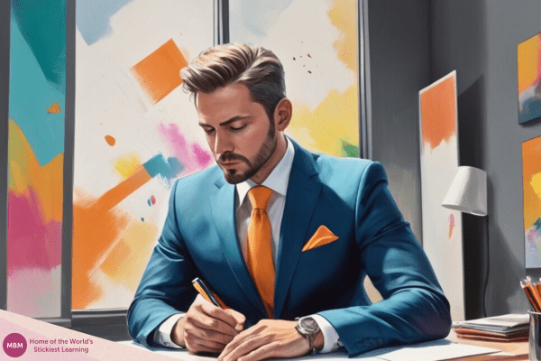 Businessman writing at his desk with colourful theme