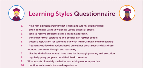 Screenshot of learning styles 72 questions
