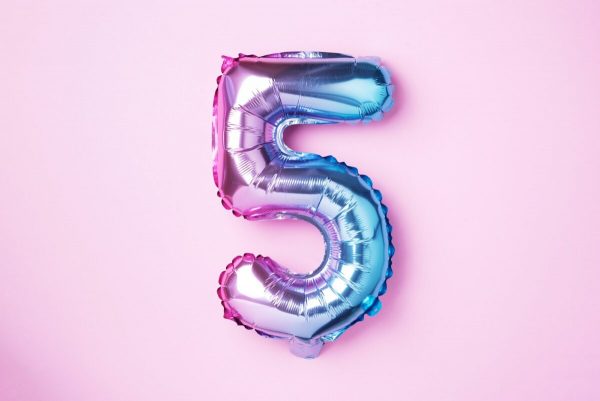 Rainbow foil balloon number and digit five 5.