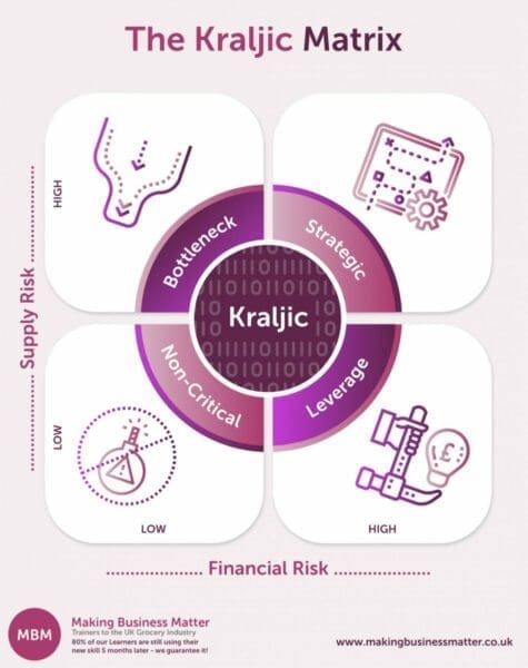 Purple Infographic explaining the 4 part Kraljic Matrix 