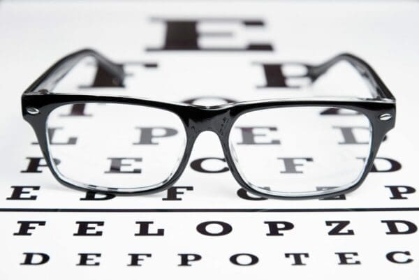 Glasses laid on an eyesight test chart