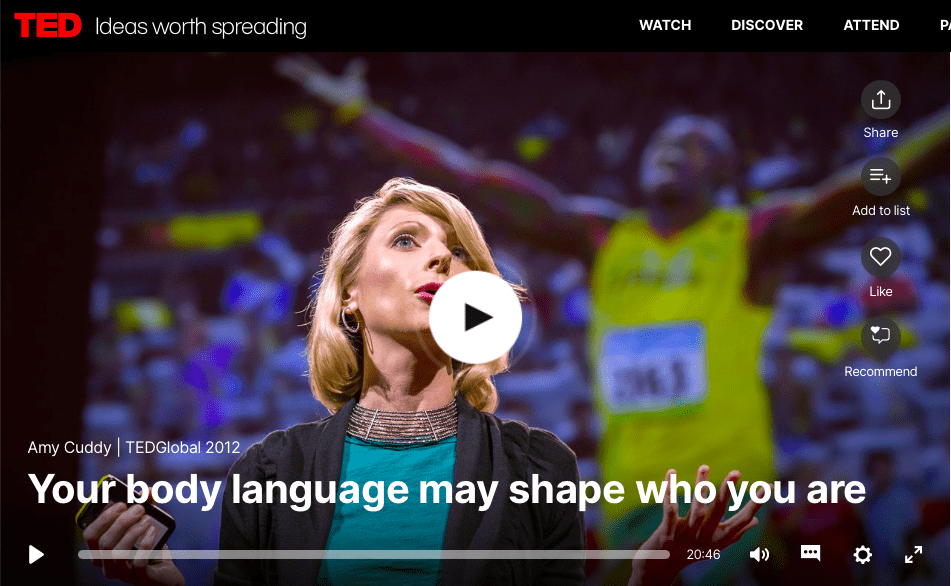Links to Ted video of Amy Cuddy's Ted Talk on Wonder Woman pose to improve confidence