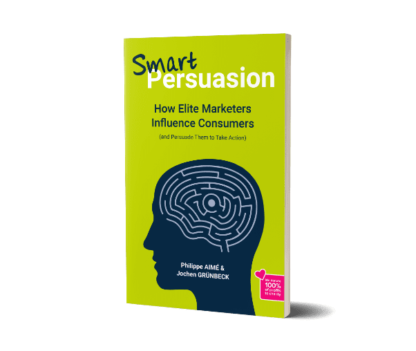 Yellow book cover of Smart Persuasion by Jochen Grünbeck and Philippe Aimé with blue brain maze graphic